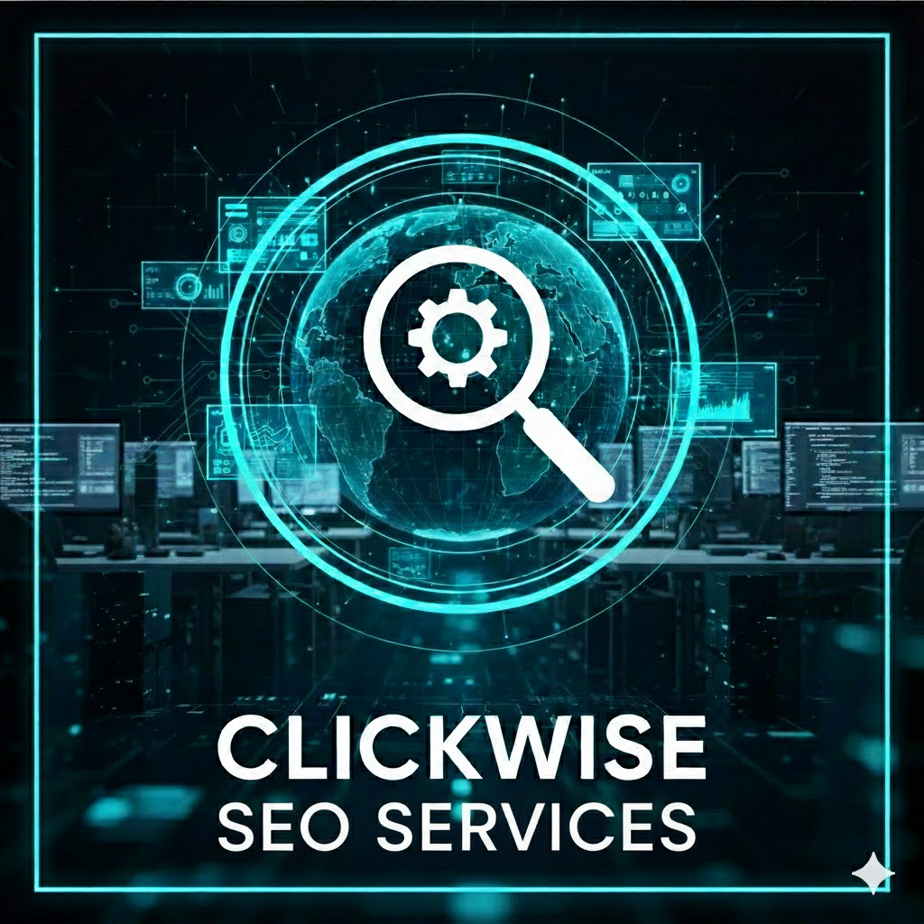 ClickWise SEO Services main hero banner featuring a professional team performing a technical SEO audit and global market analysis.