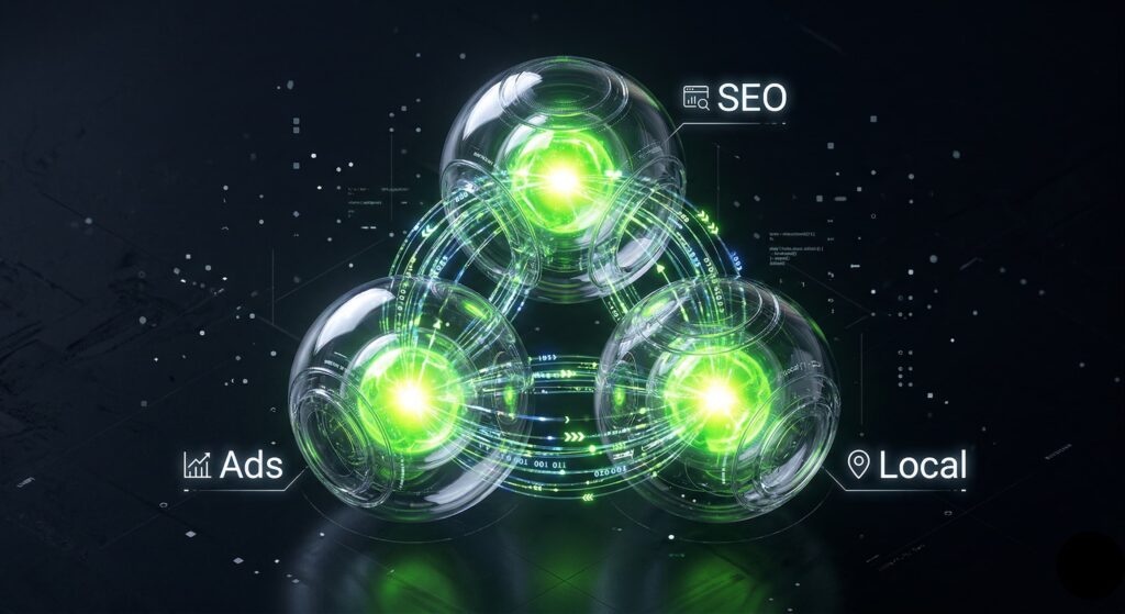 Three interconnected 3D spheres glowing in neon green representing the synchronization of SEO, Google Ads, and Local Search for South London businesses.