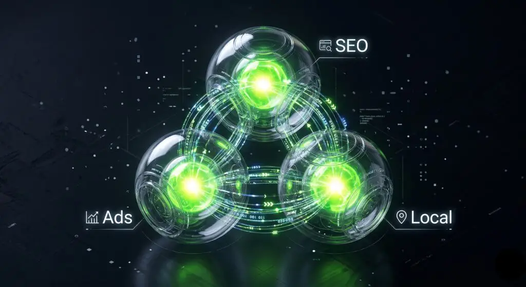 Three interconnected 3D spheres glowing in neon green representing the synchronization of SEO, Google Ads, and Local Search for South London businesses.