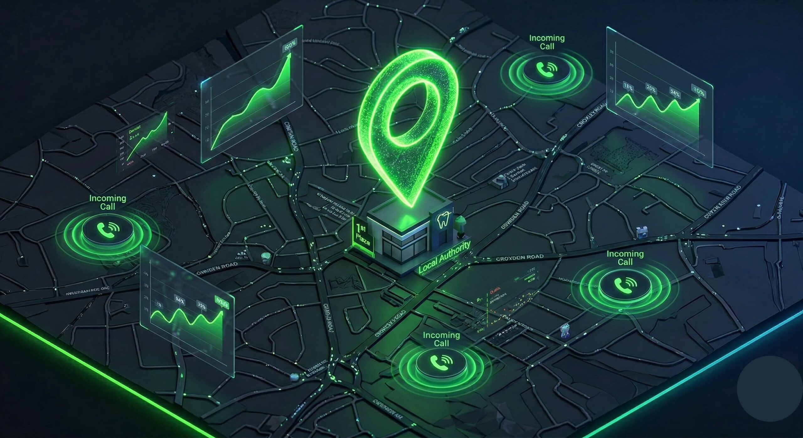 3D isometric map of Croydon and Purley showing #1 Google Map Pack rankings for Dentists, Roofers, and Plumbers.
